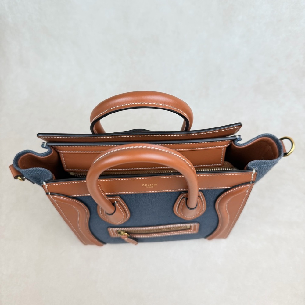 Celine Nano Luggage 2Way Blue Canvas (Denim-Style) Tan Leather Crossbody Bag - Picture 6 of 17